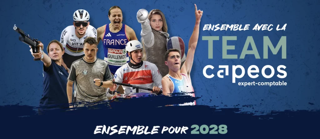 La Team Capeos composée de 7 athlètes olympiques et paralympiques, Alexandre Léauté, Gaëlle Edon, Matéo Bohéas, Agathe Guillemot, Titouan Castryck, Jade Maréchal et Antoine Praud.