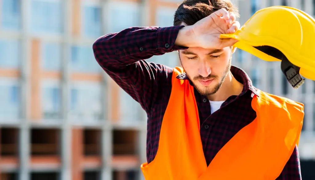 Ouvrier du BTP s'hydratant sur un chantier en plein soleil pendant une vague de canicule