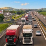 Poids lourds et voitures sur une autoroute, illustrant les aides au carburant pour le transport routier et les grands rouleurs
