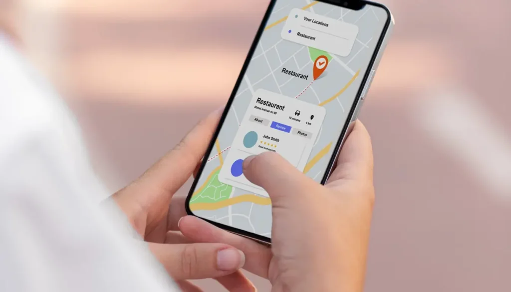 Personne consultant une fiche Google Business Profile de restaurant avec avis clients sur smartphone