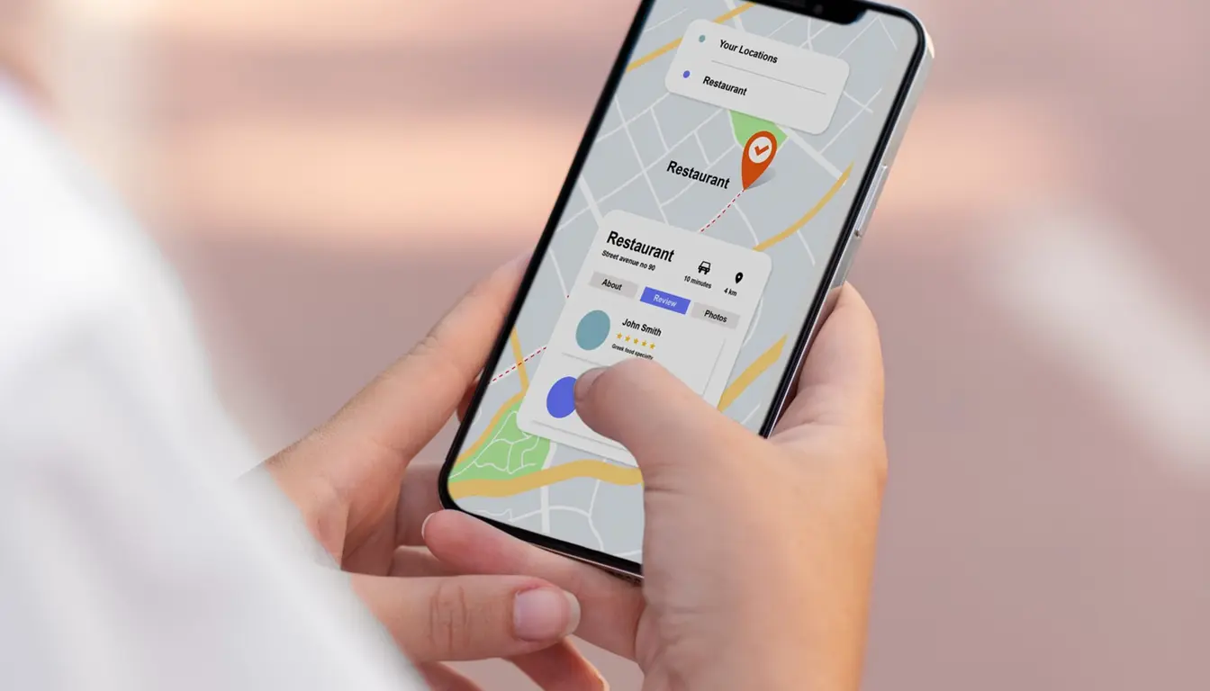 Personne consultant une fiche Google Business Profile de restaurant avec avis clients sur smartphone
